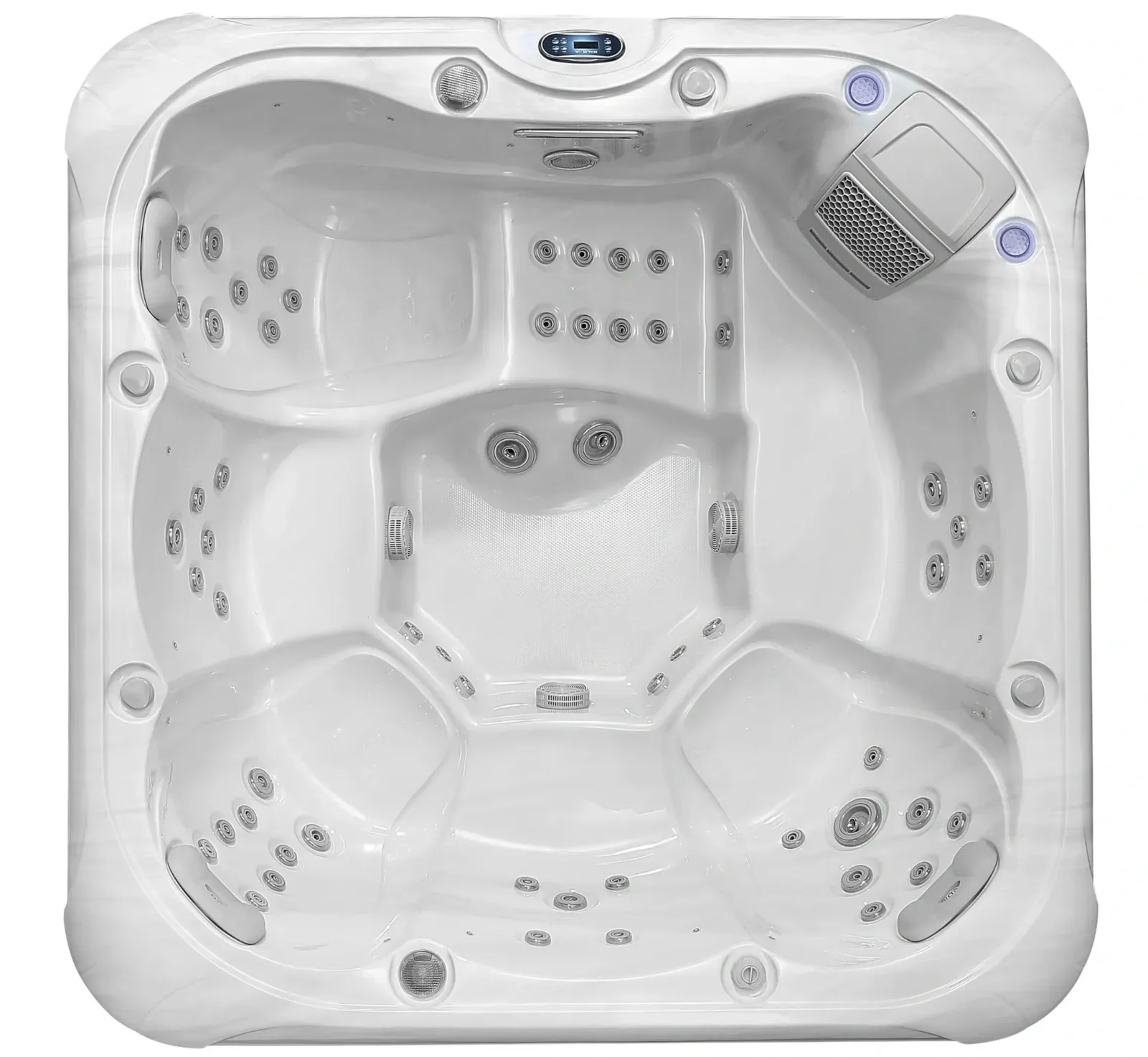 Overhead view of the Hawaii II hot tub shell with five seats and a lounger